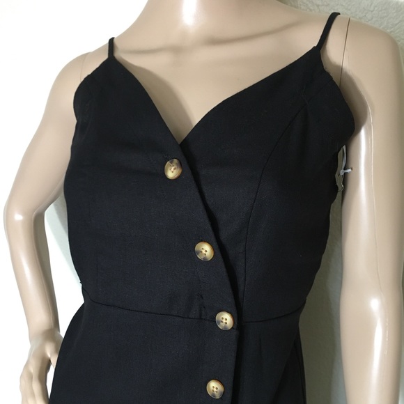 Spaghetti Strap Linen Black Midi Dress - Picture 6 of 12